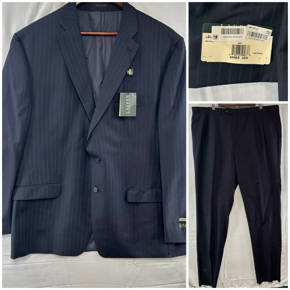 Lauren Ralph Lauren Suit Mens 48R 43W Navy Pinstripe 100% Wool 2-Piece New